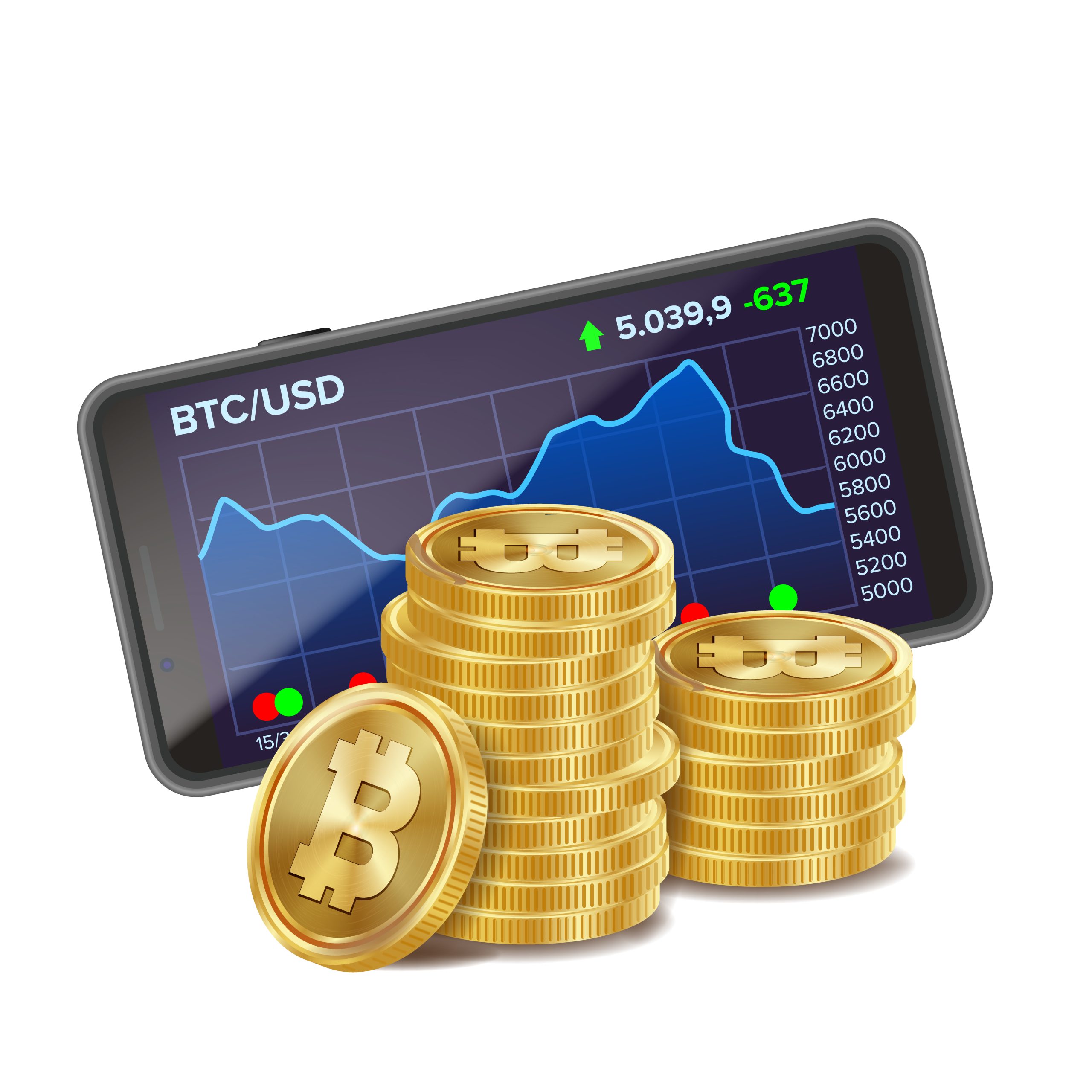 Smartphone And Bitcoin Coins Vector. Digital Money. Cryptocurrency Investment Concept. Realistic 3D Gold Coins. Isolated On White Illustration