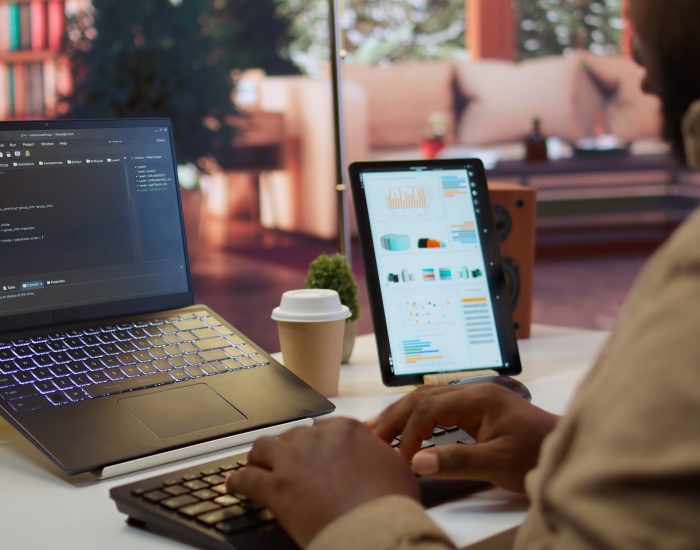 AI software developer creating an algorithm for deep learning and data mining